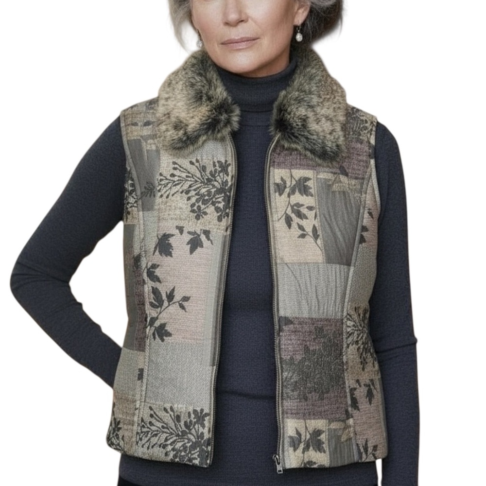 Coldwater Creek Tapestry Patchwork Gray Vest Removable Faux Fur Collar Large NWT